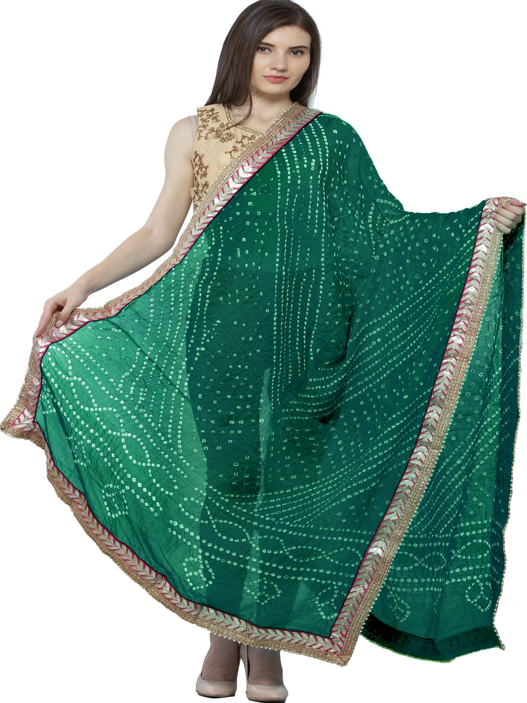 Exotic India Dark Green Tie-dye Print and Gota Border Silk Jodhpuri Dupatta