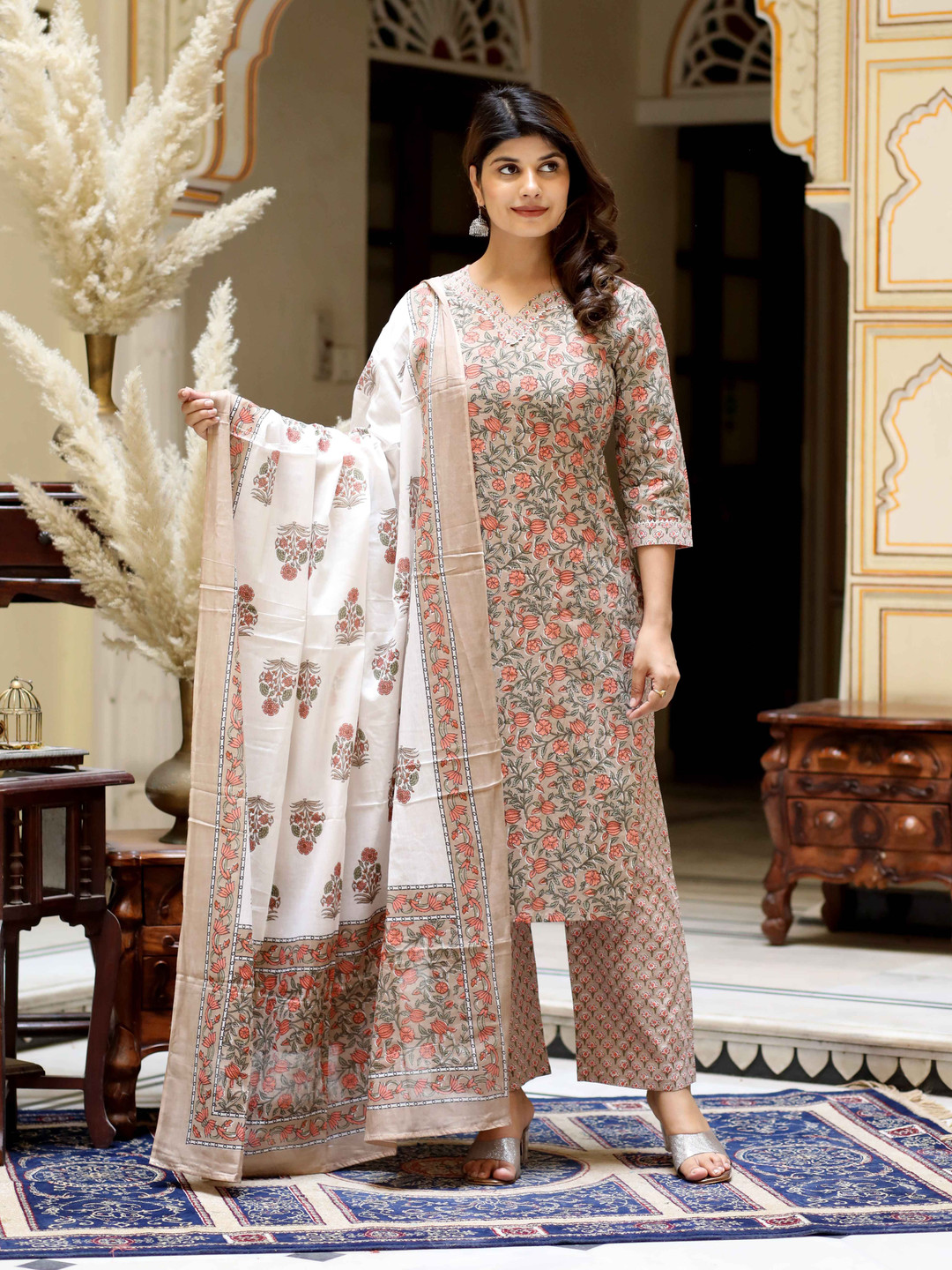 Doriyaan Floral Printed Pure Cotton Straight Kurta With Palazzos & Dupatta