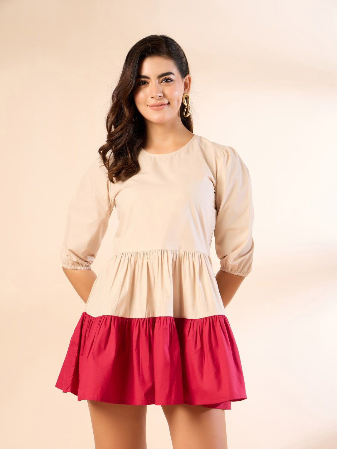 Kiarabel Retail Colourblocked Puff Sleeve Fit & Flare Mini Dress