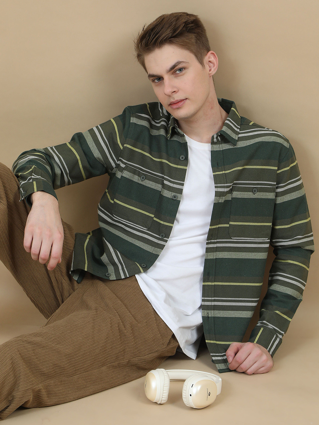 StitchX Men Long Sleeve Striped Double Pocket Overshirt