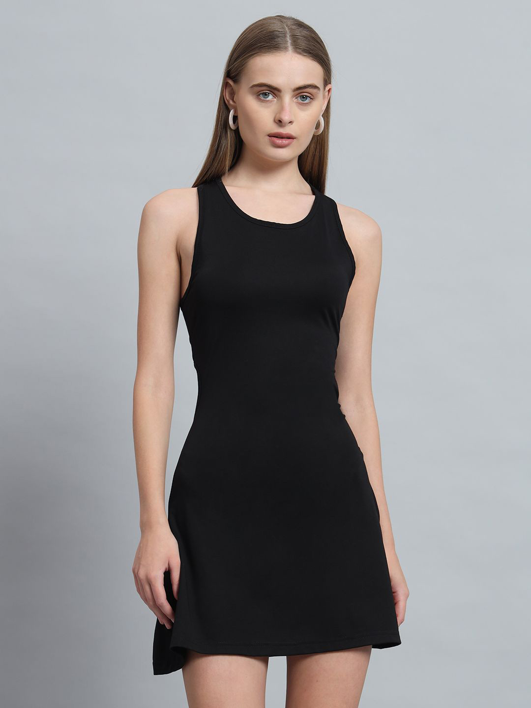 ND & R Women Strechable Solid Sleeveless Skater Mini Length Dress