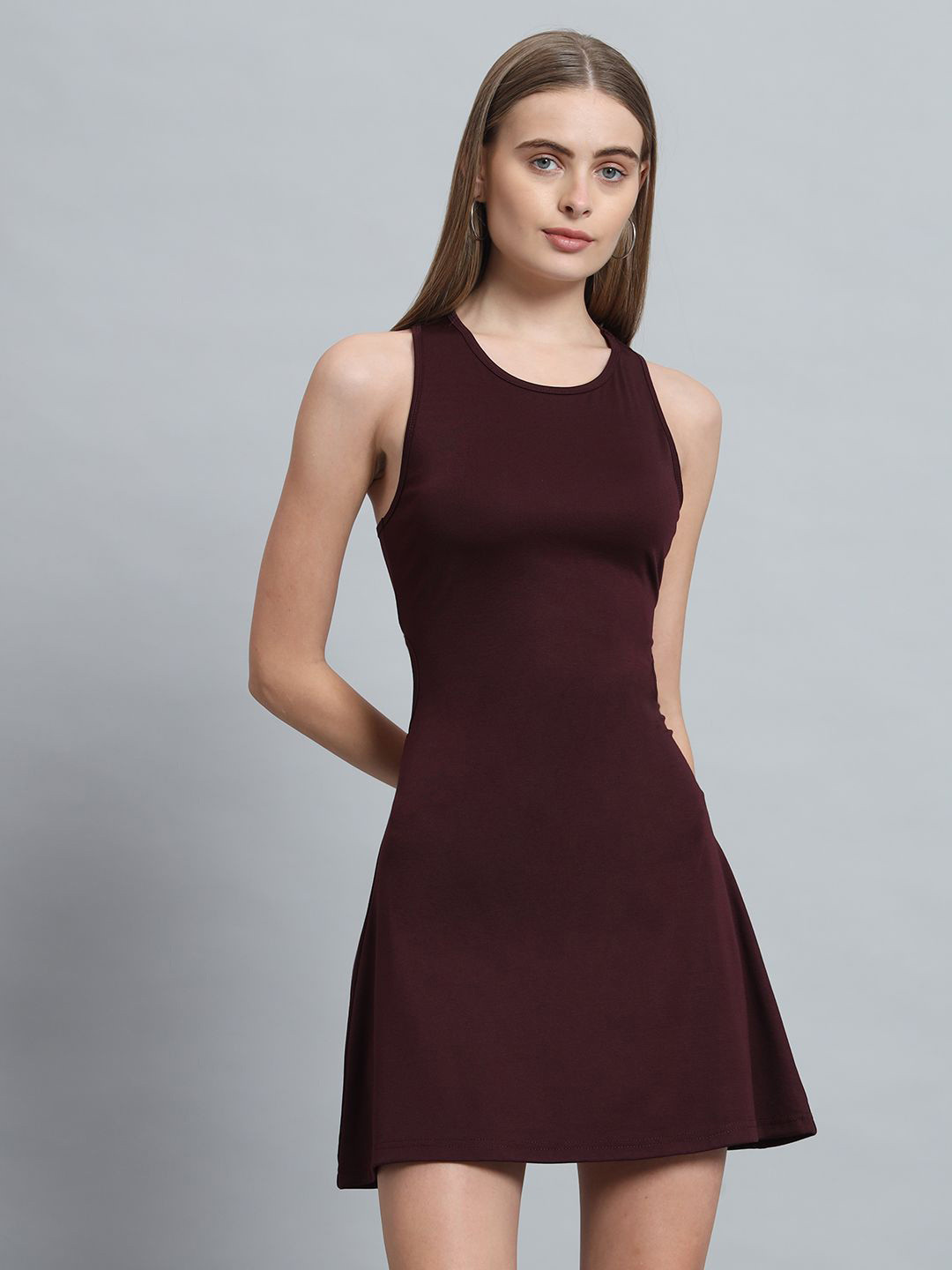 ND & R Women Strechable Solid Sleeveless Skater Mini Length Dress