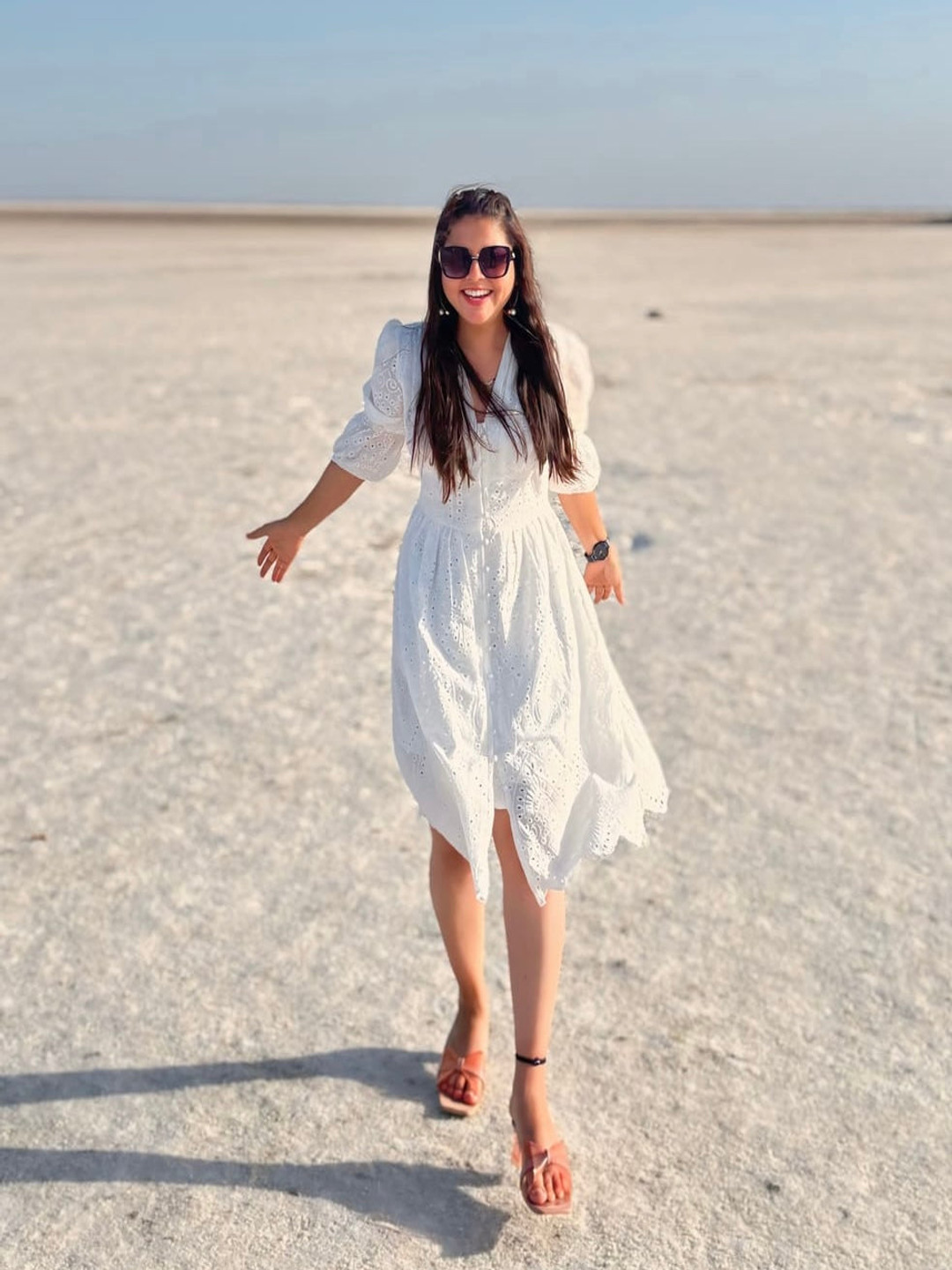 Miss Mosa By Akanksha  Self Design Schiffli Pure Cotton Midi A-Line Dress