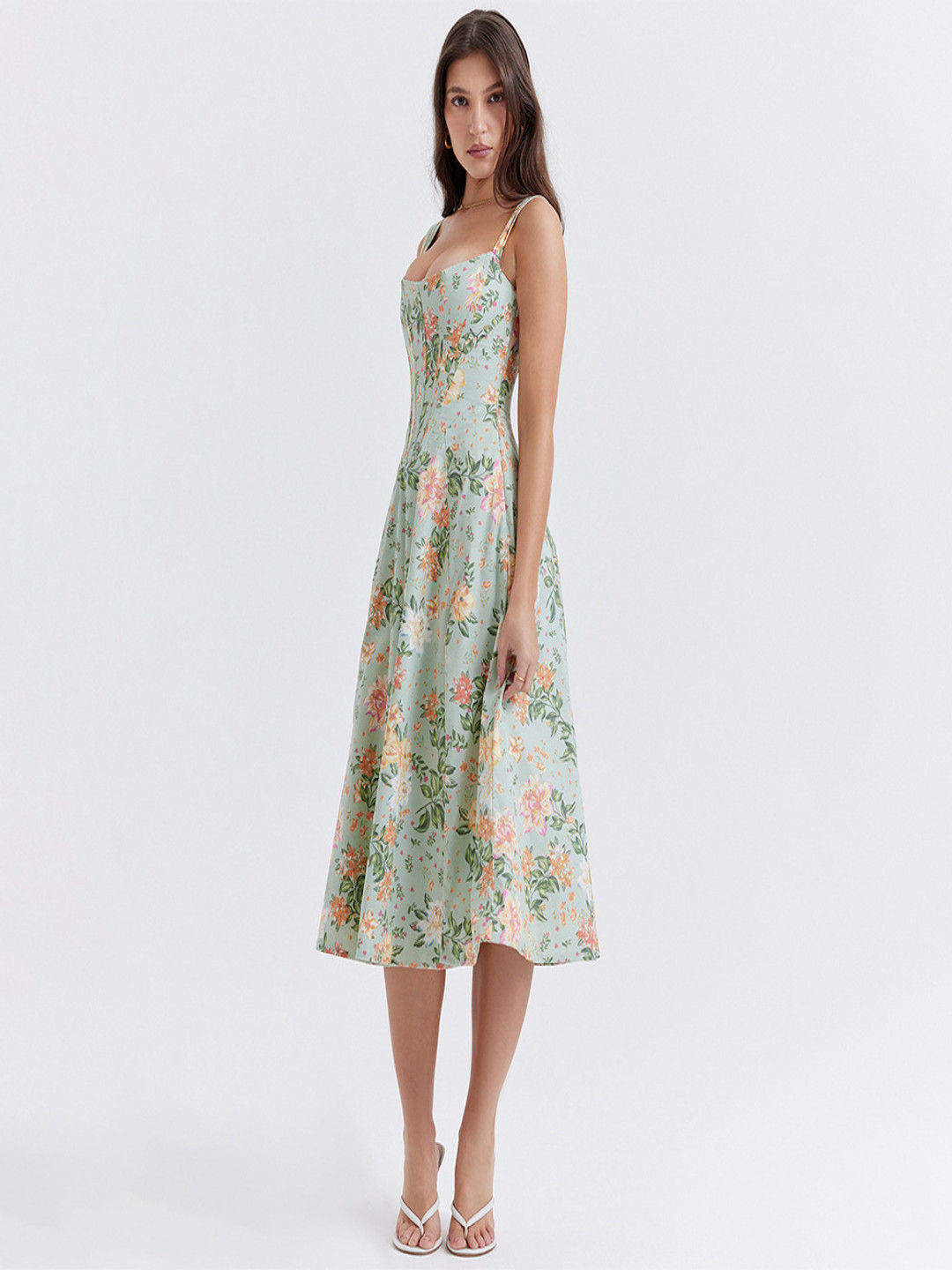 bebe Green Floral Print Shoulder Strap Fit & Flare Corset Midi Dress