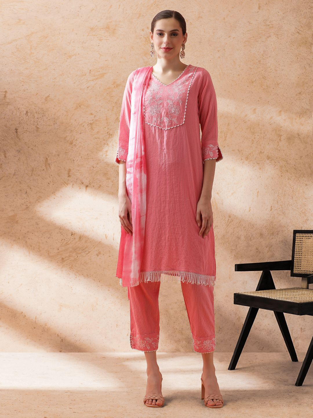 STYLEBAAZI V-Neck Embroidered Kantha Work Straight Kurti With Trousers And Dupatta