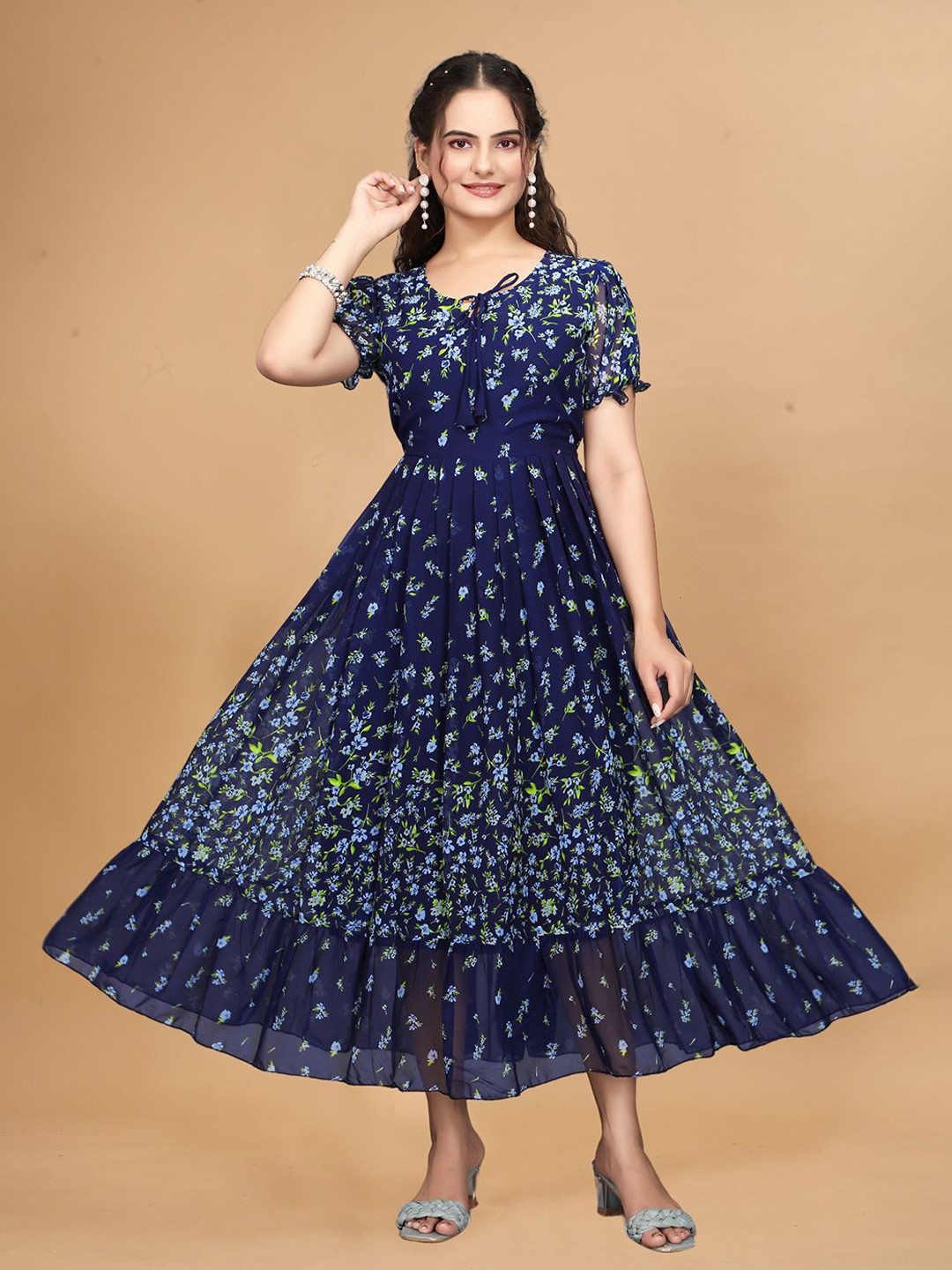 QENA Floral Print Tie-Up Neck Puff Sleeve Georgette Maxi Midi Dress