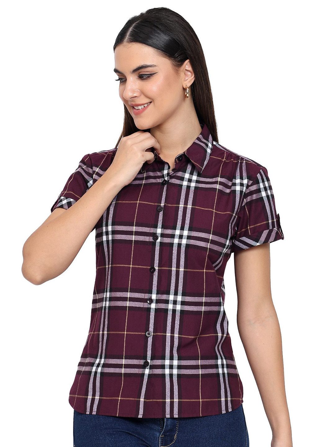 High Skyzz Women Standard Fit Spread Collar Tartan Checked Cotton Casual Shirt