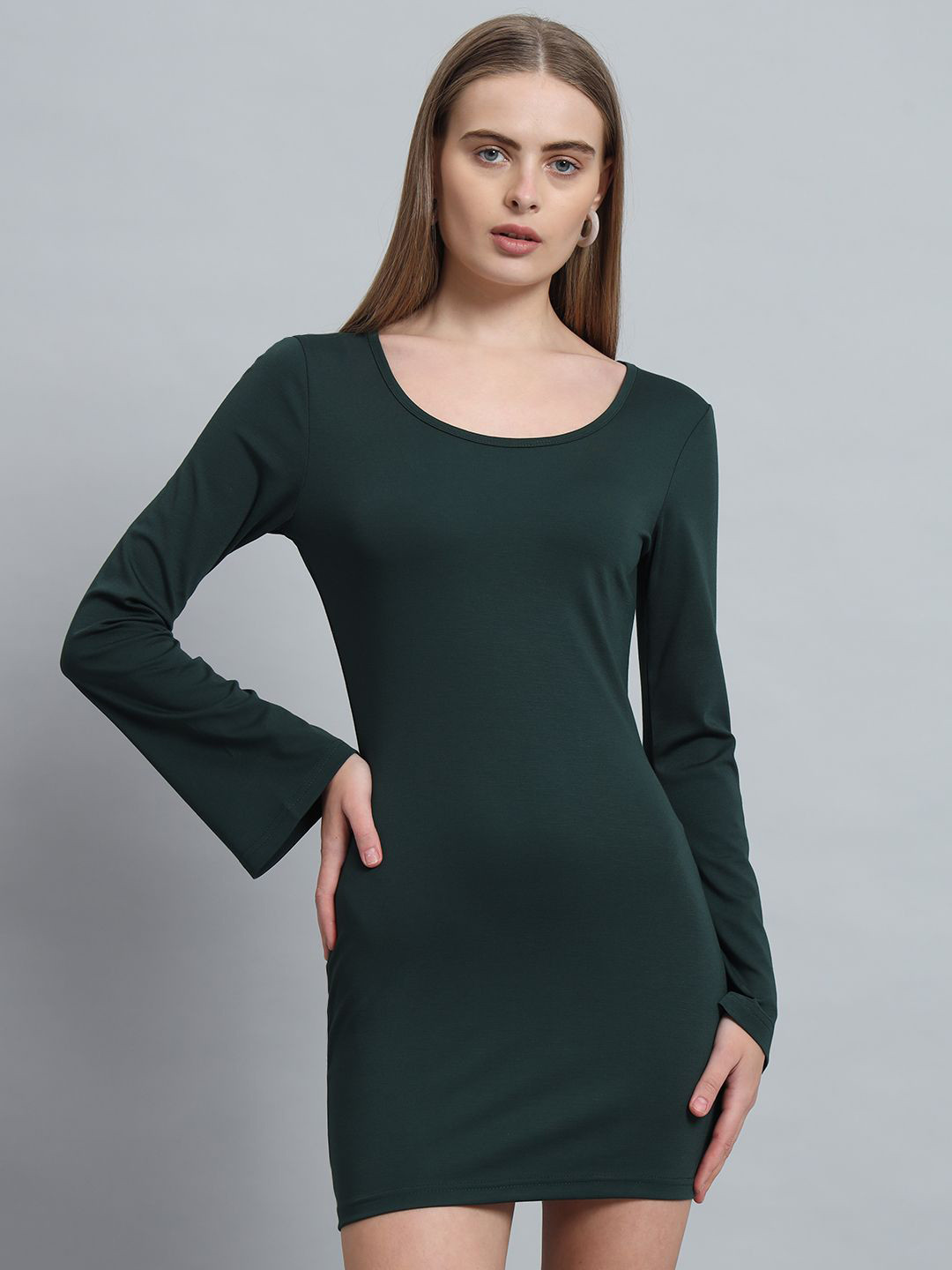 ND & R Women Strechable Solid Full Sleeve Bodycon Mini Length Dress