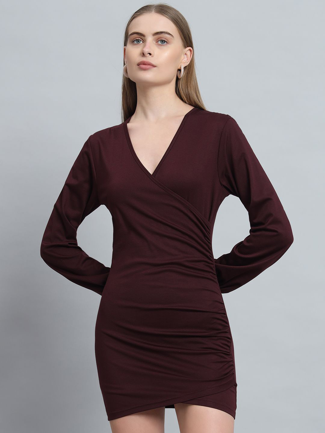ND & R Women Strechable Solid Wrap Bodycon Above Knee Length Dress