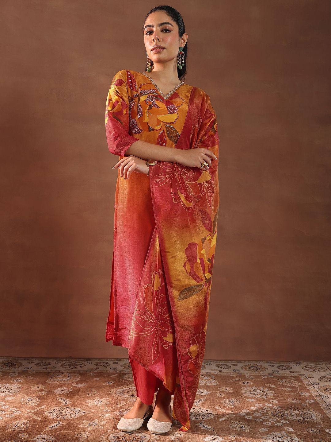 Libas Floral Printed Sequinned Straight Kurta With Trousers & Dupatta