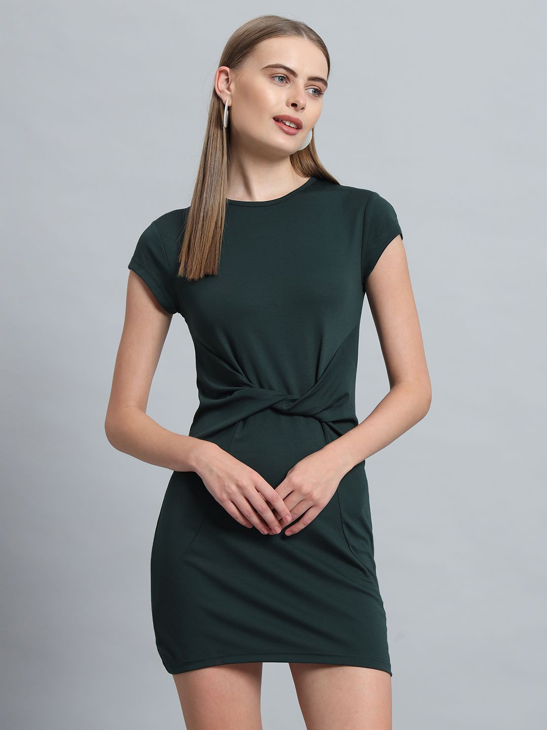 ND & R Women Strechable Solid Twisted Bodycon Above Knee Length Dress