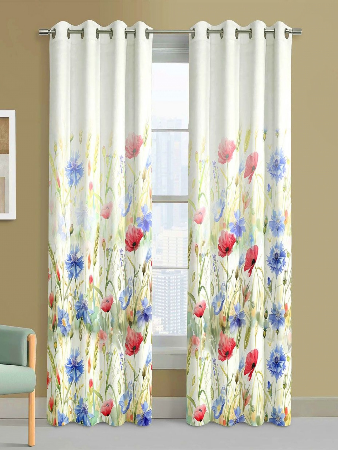 Steve & Anderson Ozzon Red And White 2 Pieces Floral Printed Door Curtains (7 Feet)