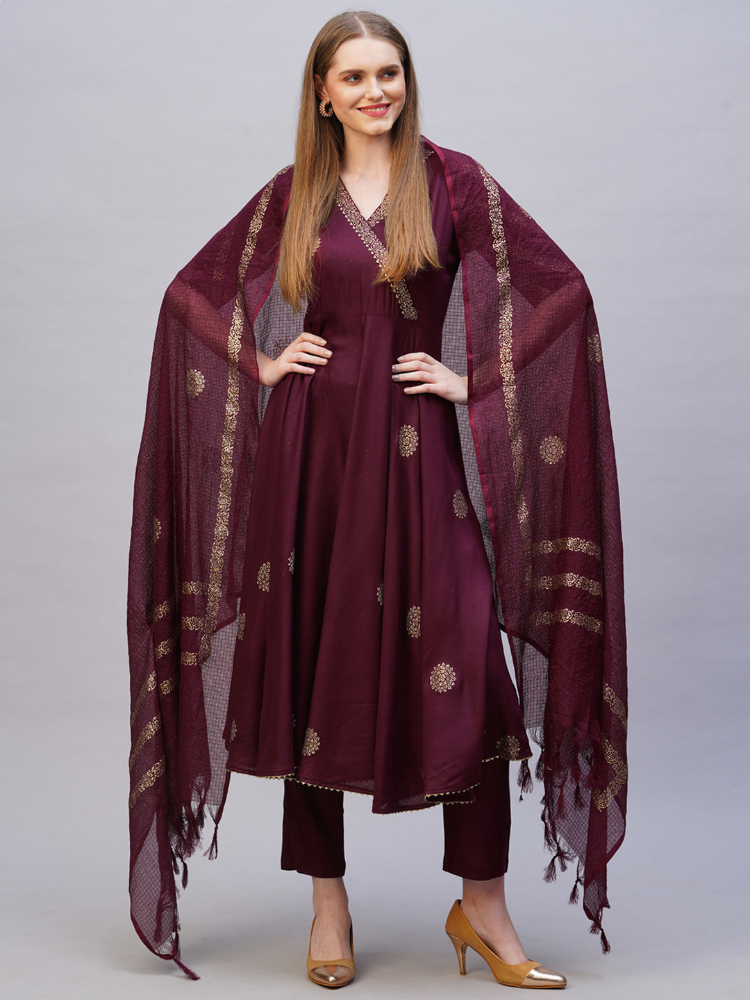DIVASTRI Berlin Floral Printed V-Neck Angrakha Anarkali Kurta With Trousers & Dupatta