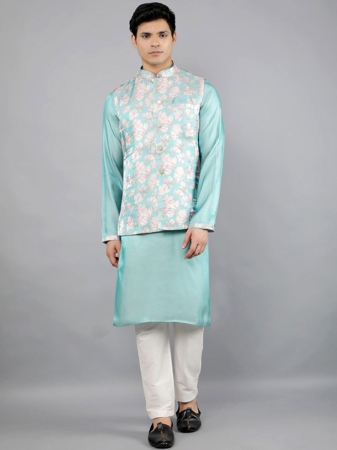 Manish Creations Mandarin Collar Straight Kurta With Churidar And Nehru Jacket