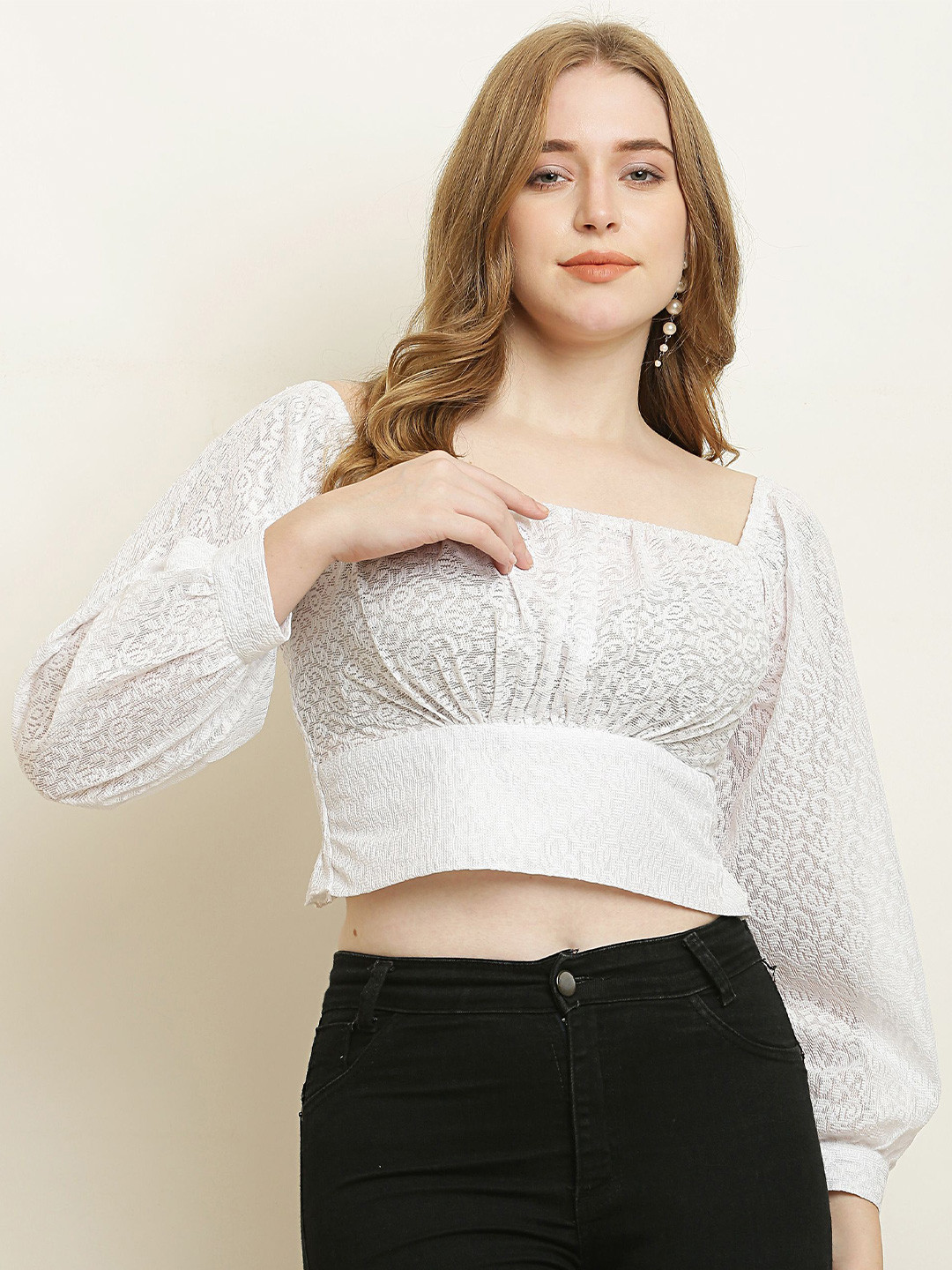 Sash Lace Square neck puff sleeves Crop Top