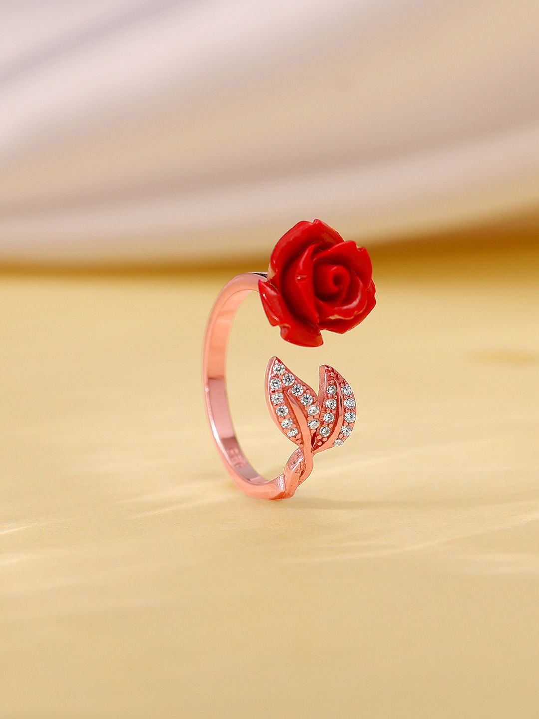 GIVA 925 Sterling Silver My Floral Rose Gold-Plated CZ Studded Adjustable Finger Ring