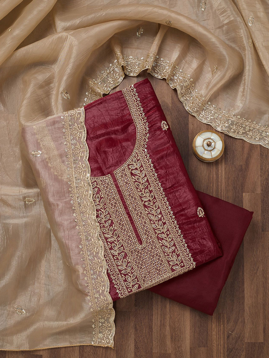 Koskii Floral Embroidered Sequinned Semi Crepe Unstitched Salwar Suit