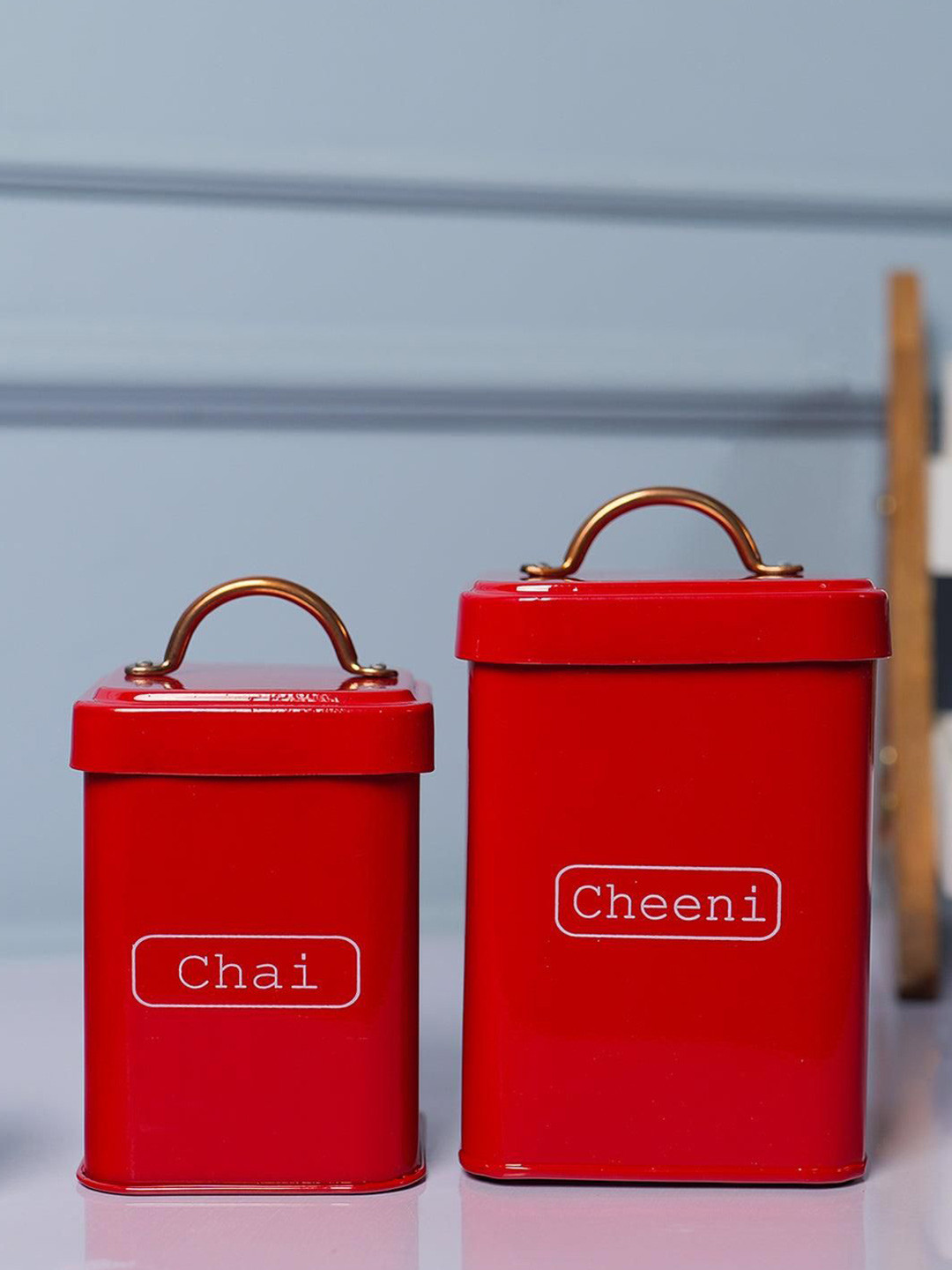 Market99 Red Typography Metal Dishwasher Safe 2 Piece Flip Top Canister