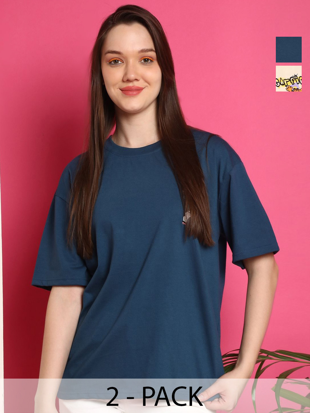 Metronaut Women Pack Of 2 Garfiled Graphic Printed Round Neck Cotton Oversized T-shirts