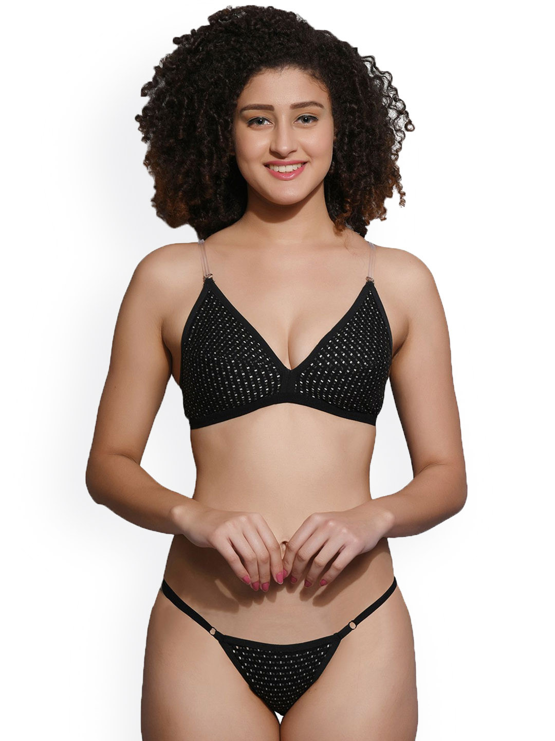 chia fashions Women Printed Non Padded Lingerie Set CHIAF-BIJLI-BLACK-30B