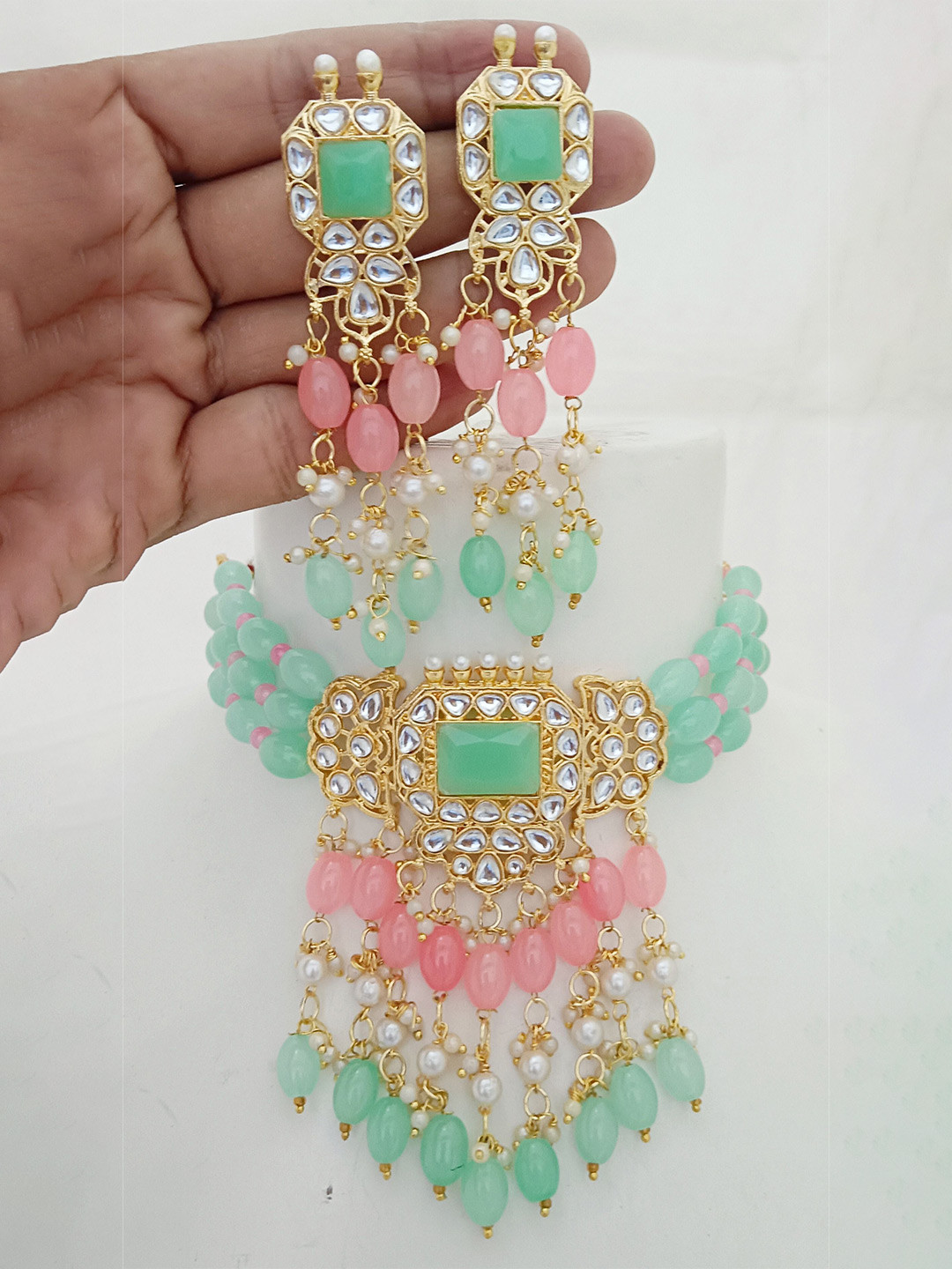 EVY Gold-Plated Kundan Studded Pearls Beaded Choker Necklace With Earrings