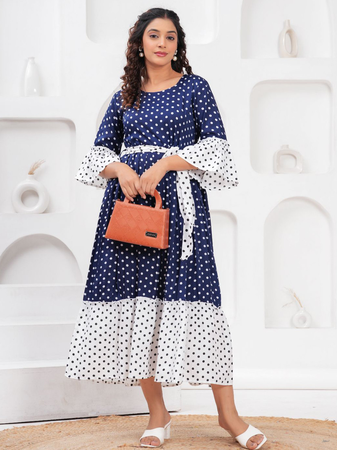 HIGHLIGHT FASHION EXPORT Women Polka Dots Printed Bell Sleeves Fit & Flare Midi Dress
