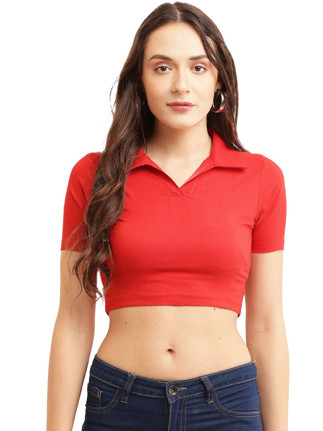 Sash Solid Shirt Collar Crop Top