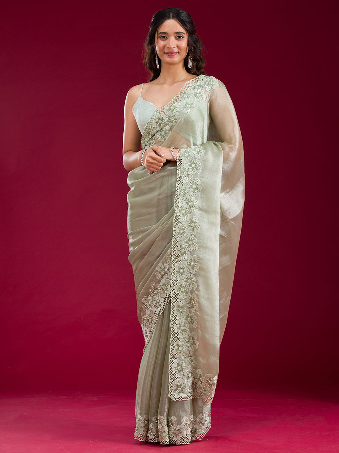 Koskii Pista Green Stonework Tissue Saree