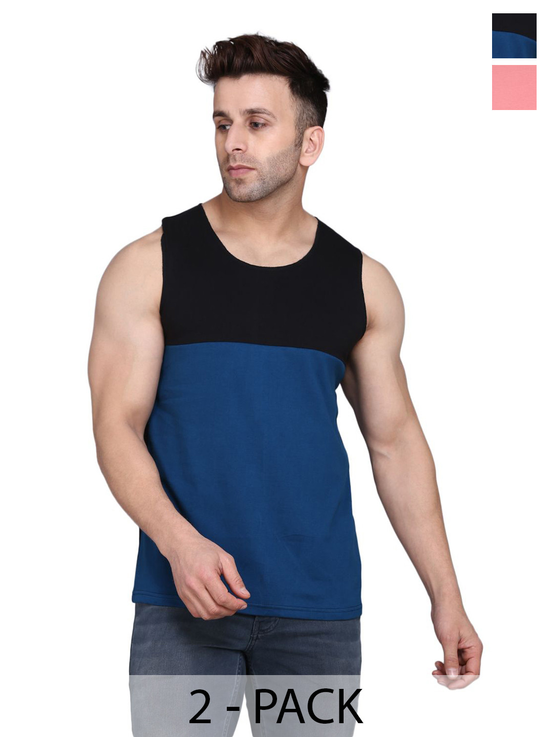 WOOSTRO Men Pack Of 2 Sleeveless Gym Innerwear Vests RS26 COMBO (PEACH) (BLKPCK)