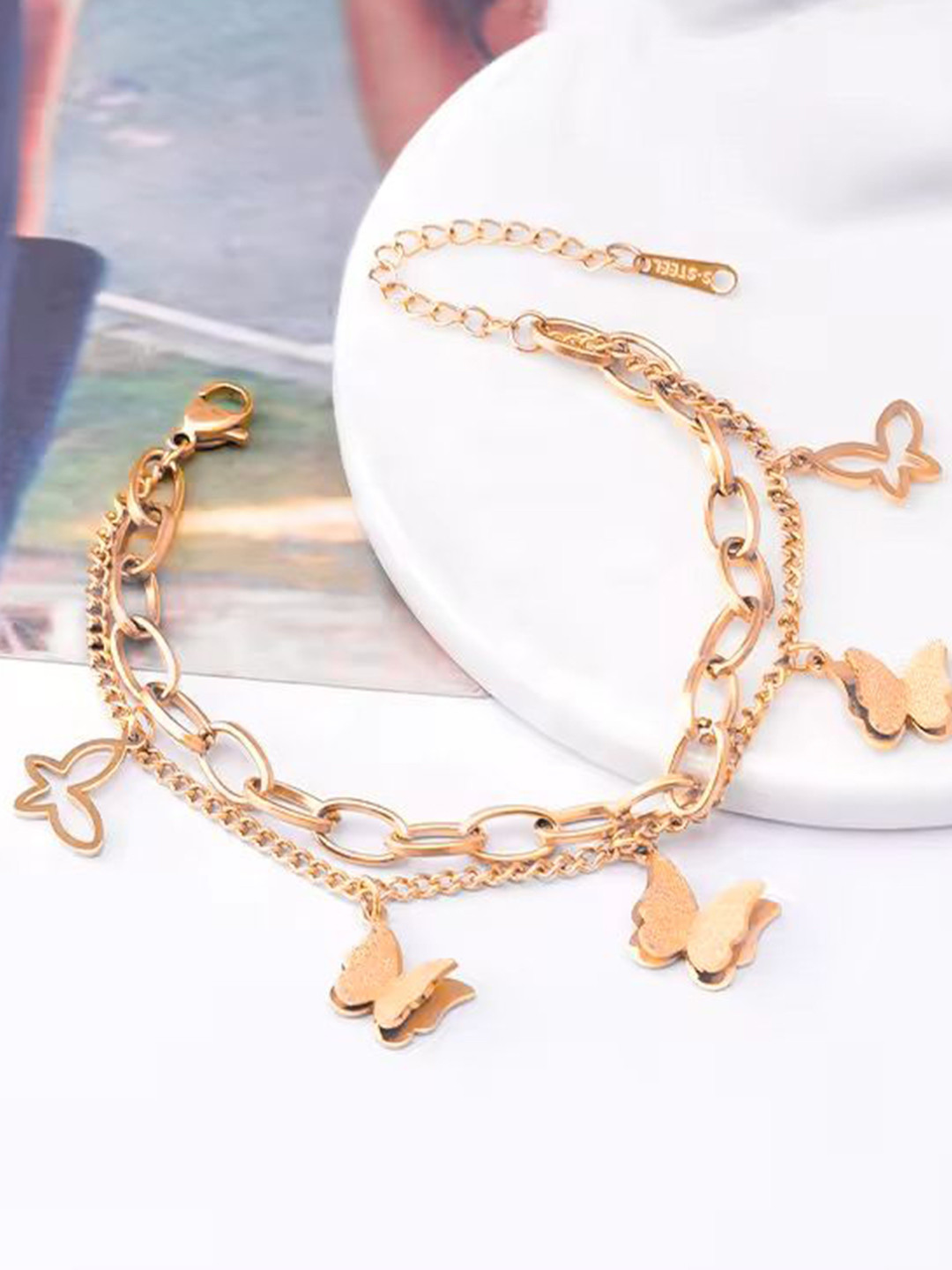 Zabby Allen Stainless Steel Rose Gold-Plated Butterfly Charm Bracelet