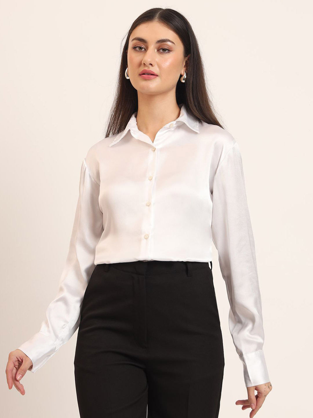 AMSWAN Women Comfort Fit Spread Collar Solid Satin Formal Shirt
