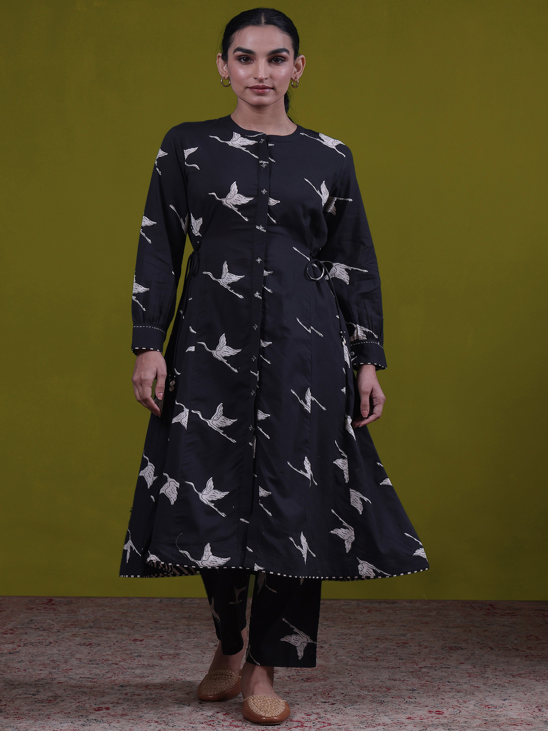 Folk Song Animal Printed Mandarin Collar Pure Cotton A-line Kurta With Trouser