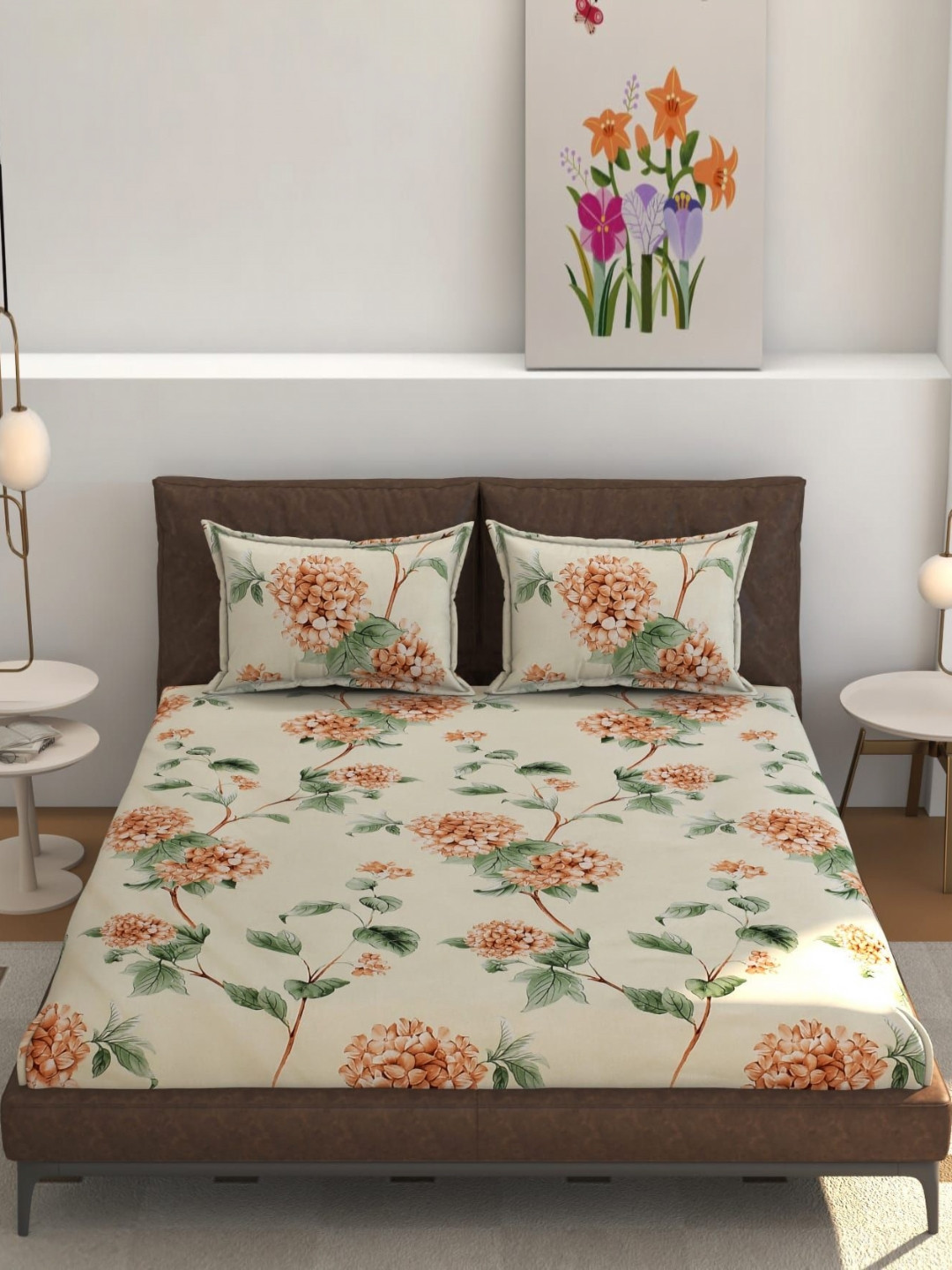 B' Decorlish Beige Floral Cotton 220 TC Fitted Queen Fine Bedsheet with 2 Pillow Covers-72 x 43 inches