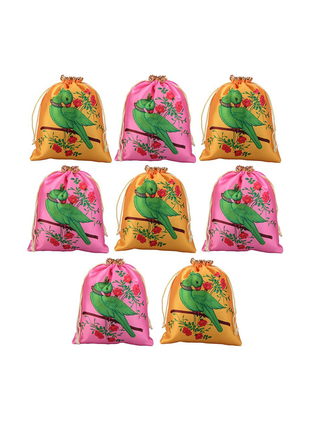 Kuber Industries Unisex Set Of 8 Parrot Design Printed Satin Potli Clutches