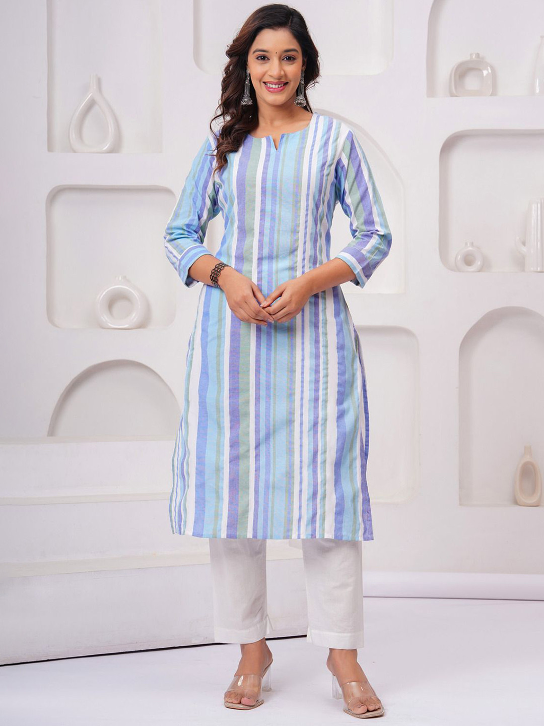 Sarai Striped Notch-Neck Cotton Straight Kurta