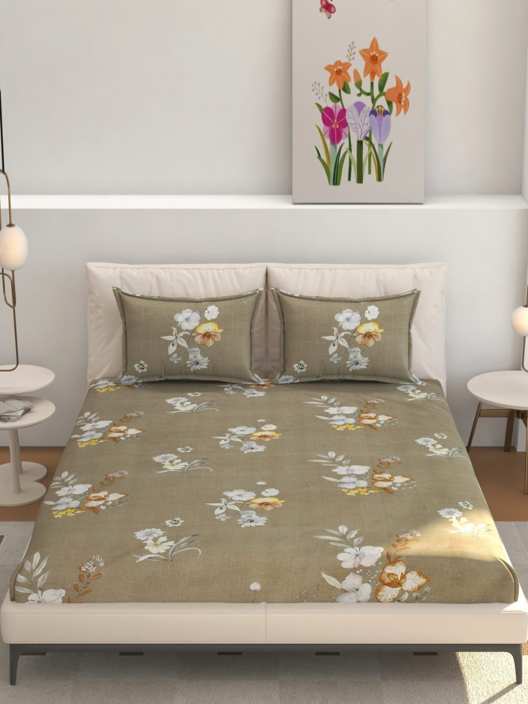 B' Decorlish Grey Melange Floral Cotton 220 TC Fitted Queen Fine Bedsheet with 2 Pillow Covers-182 x 110 x 020 cm