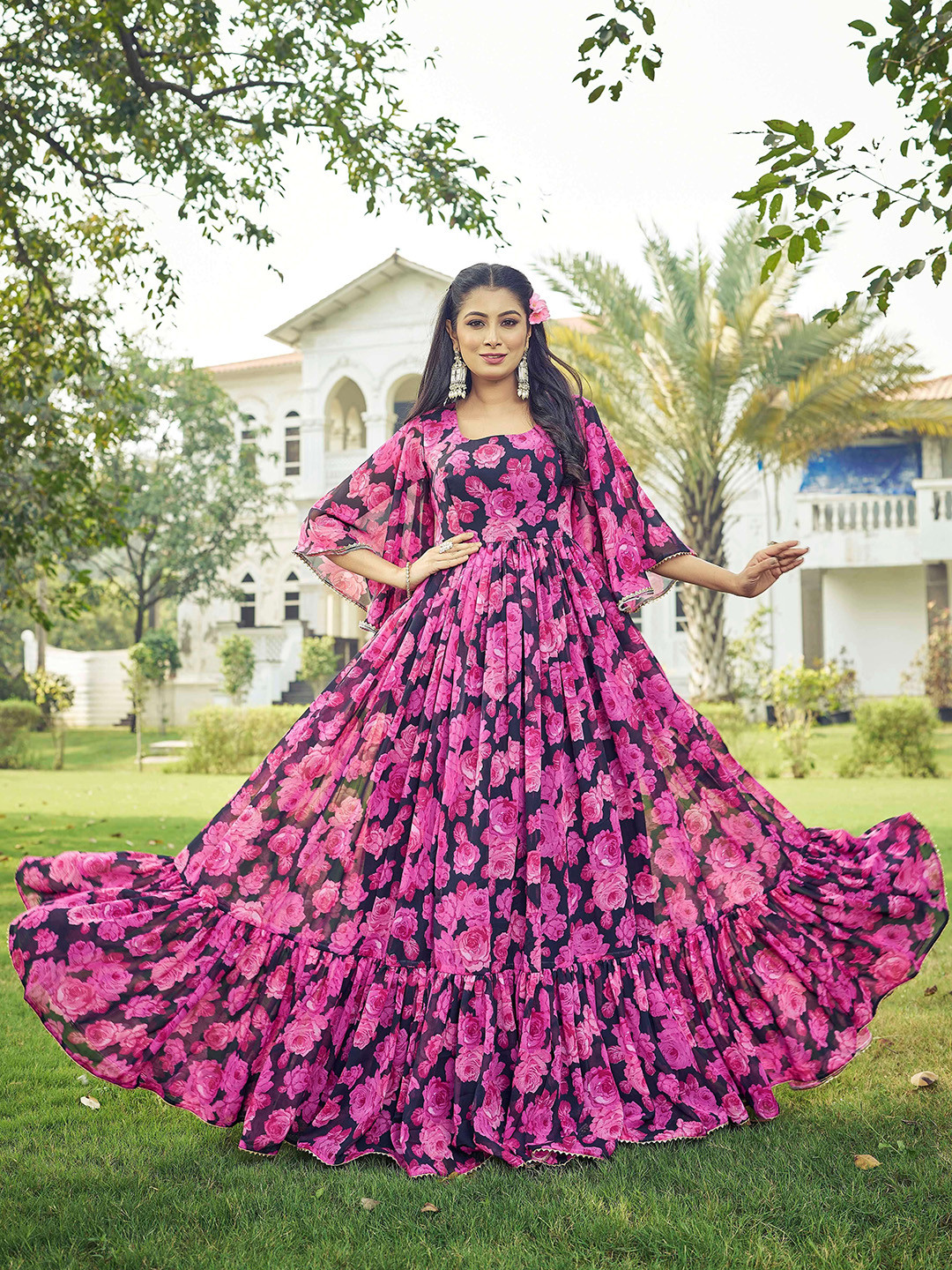 CHANSI Floral Print Bell Sleeve Georgette Fit & Flare Maxi Dress