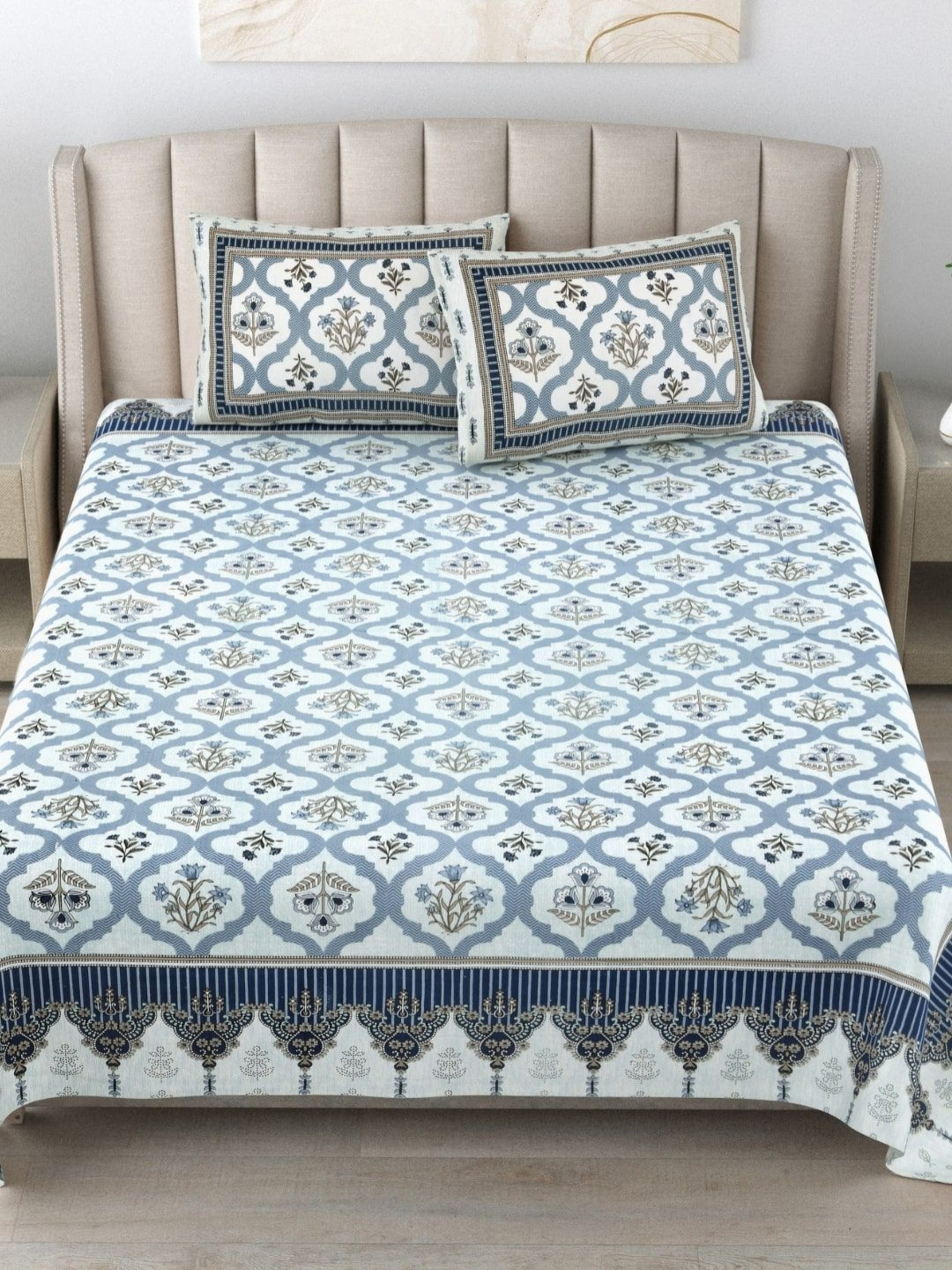 BED-SHEET.COM Blue Floral Cotton 180 TC King Fine Bedsheet with 2 Pillow Covers-108 x 90 inches