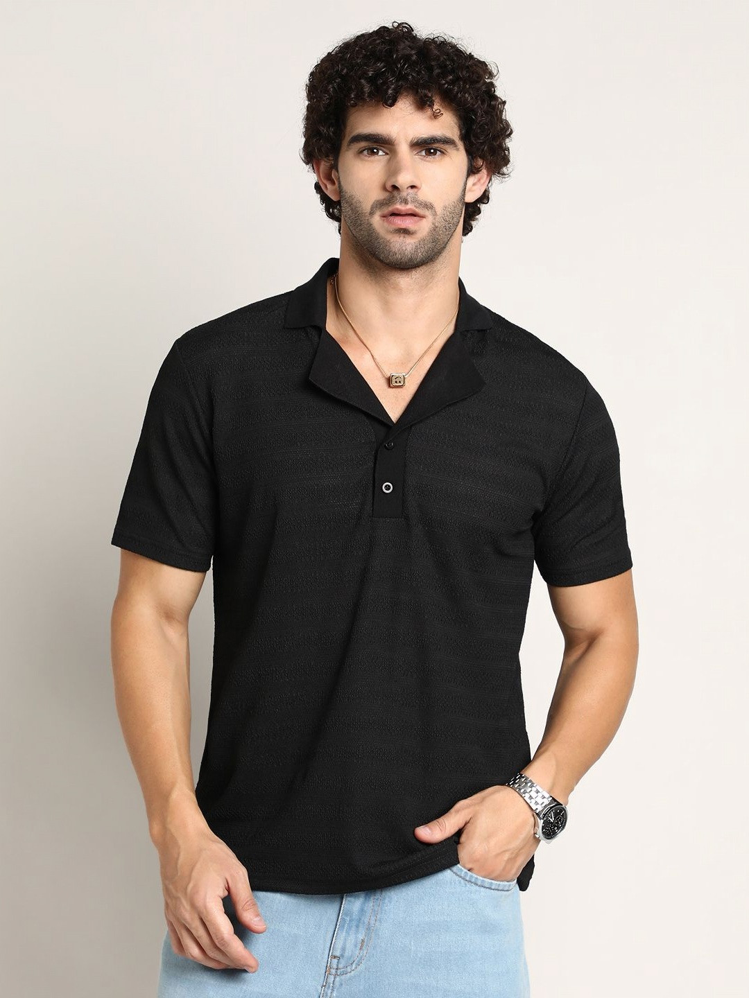 CAHOOT Men Self Design Polo Collar Cotton T-shirt