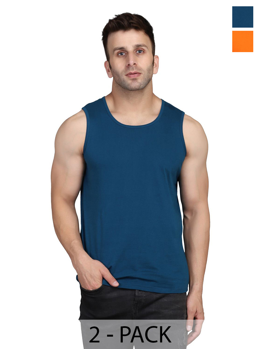 Woostro Men Pack Of 2 Round Neck Innerwear VestRS26 COMBO (ORANGE) (PEACOCK)