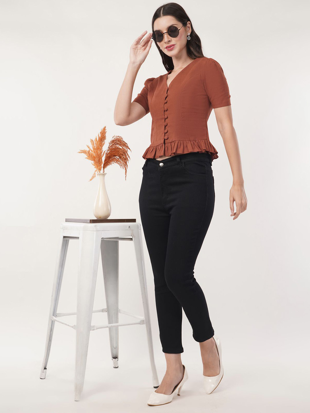 KAIN Women Puff Sleeves Cotton Crop Top