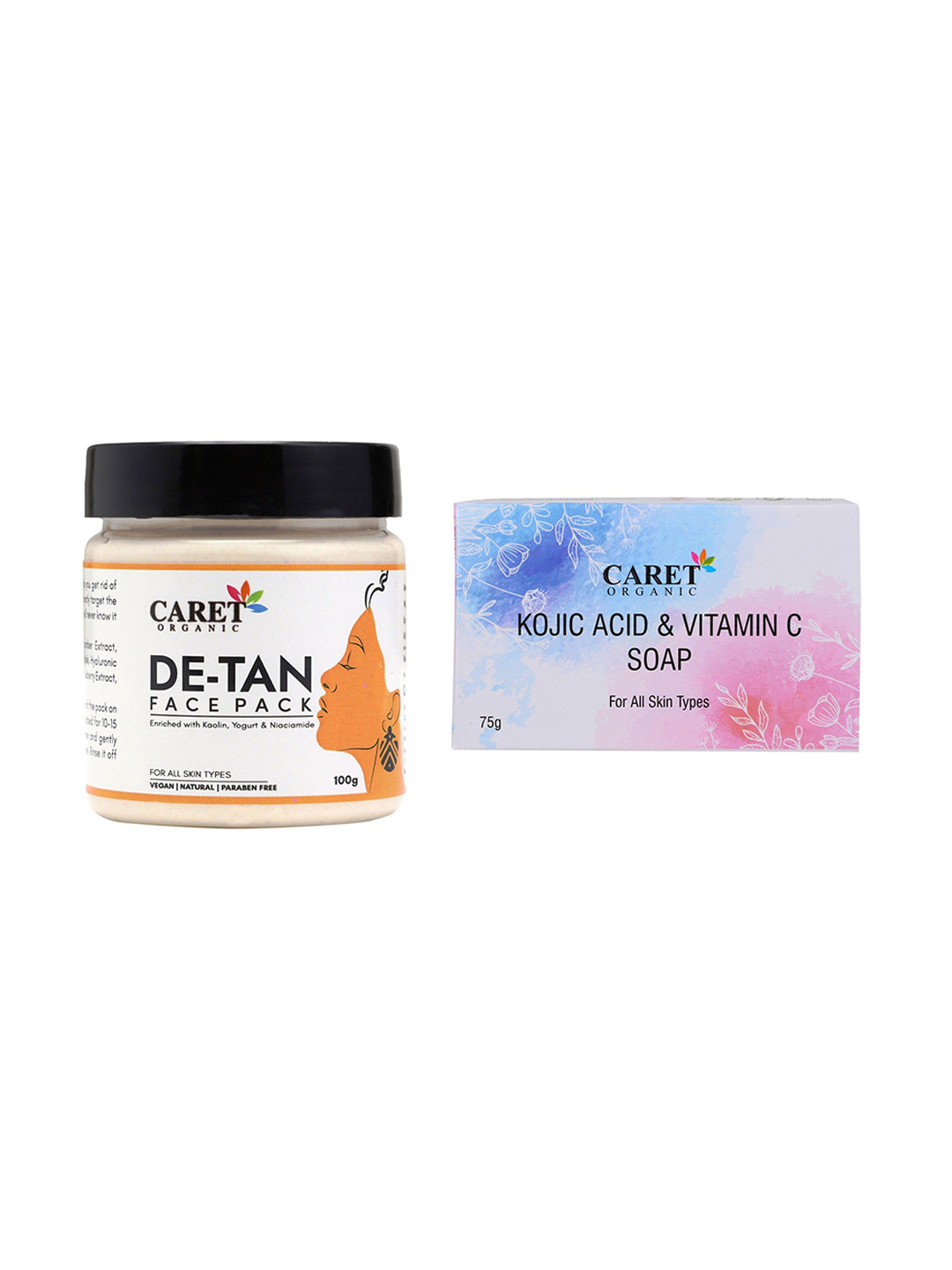 CARET ORGANIC Set Of 2 De-Tan Face Pack - 100 g With Vitamin C Kojic Soap - 75 g