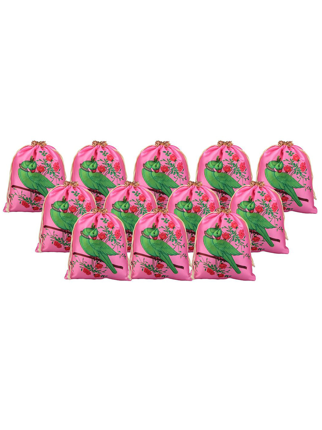 Kuber Industries 12 Pieces Parrot Printed Satin Potli Bags