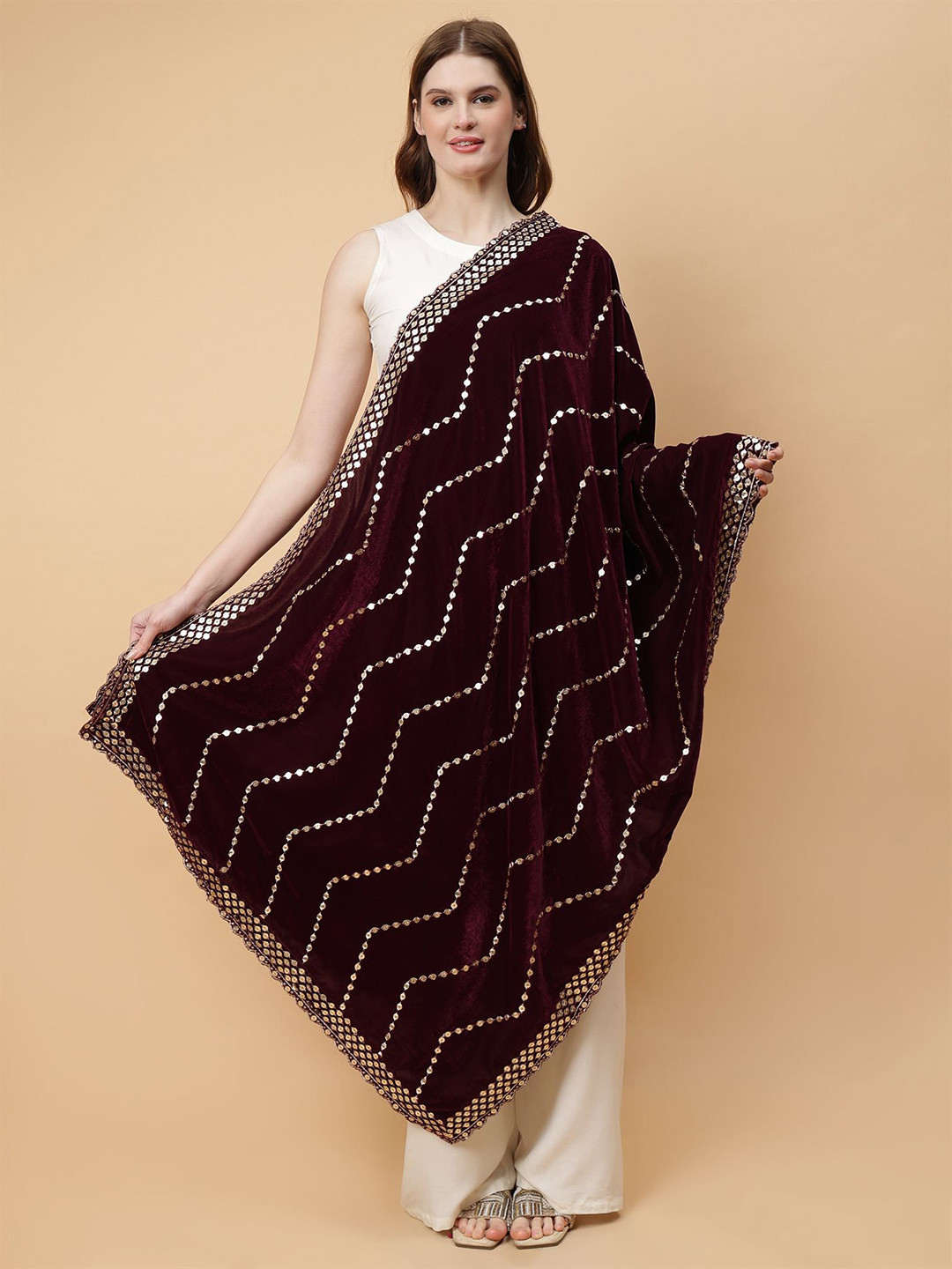 Moda Chales Chevron Embroidered Velvet Dupatta With Sequinned