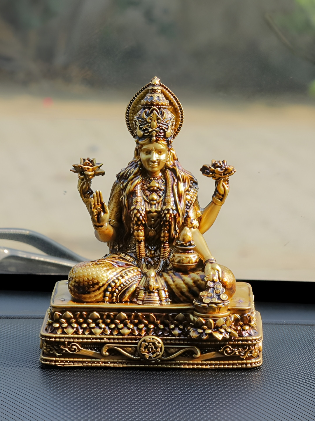 Artarium LLP Chowki Laxmi Brown Resin Matte Prayer Room Small Showpiece - 3.9 Inches