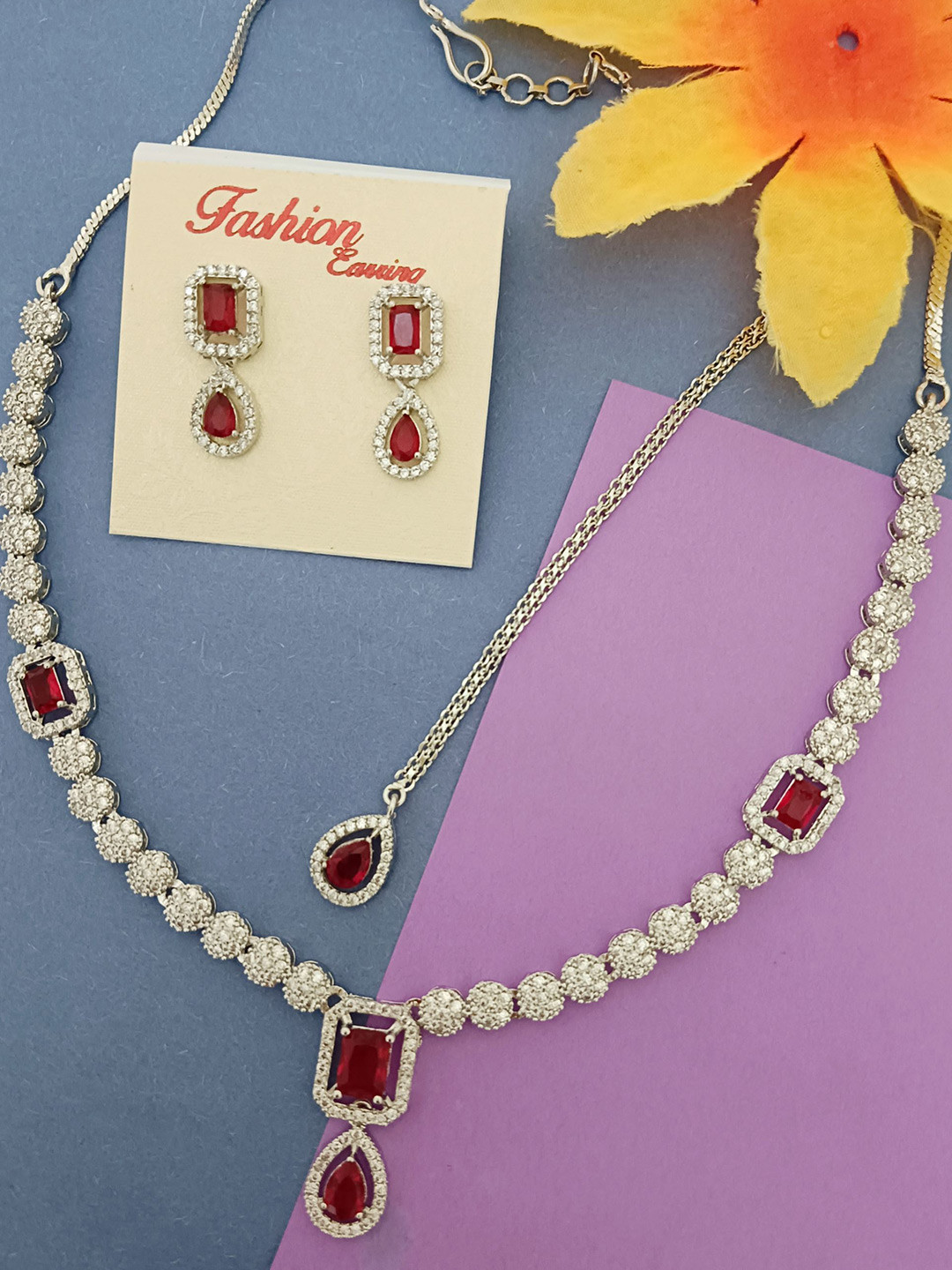 EVY Set of 4 Pcs Gold-Plated Cubic Zirconia Studded Necklace With Earrings and Maang Tika