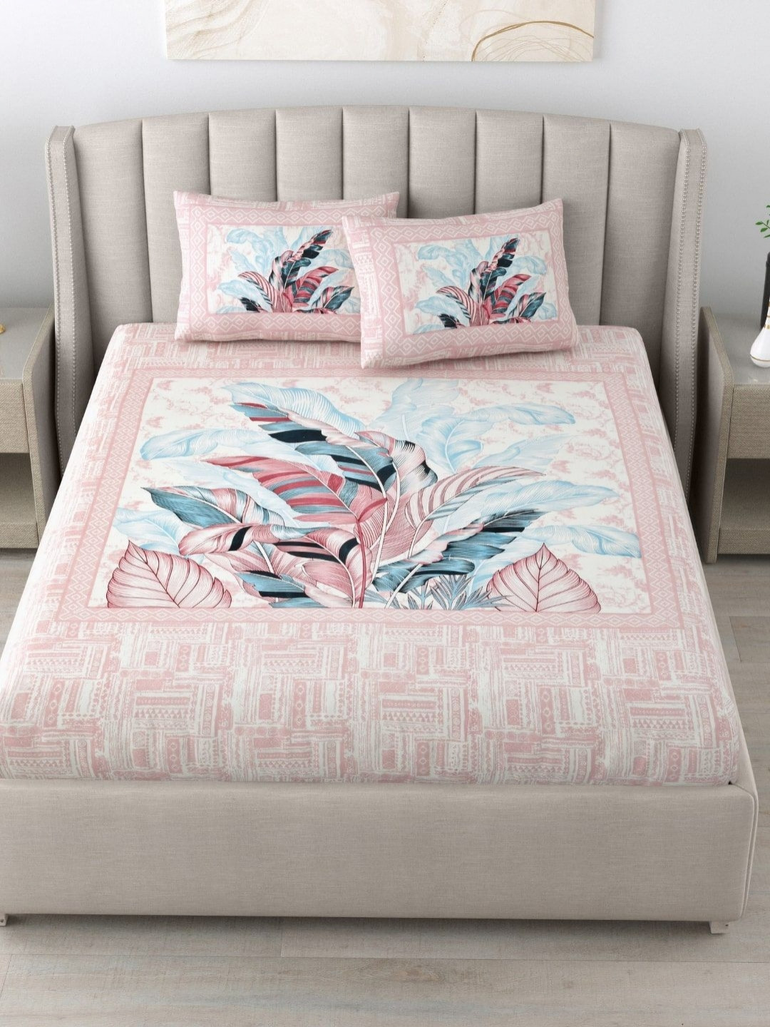 BED-SHEET.COM Pink Leaf Cotton 180 TC King Fine Bedsheet with 2 Pillow Covers-108 x 90 inches