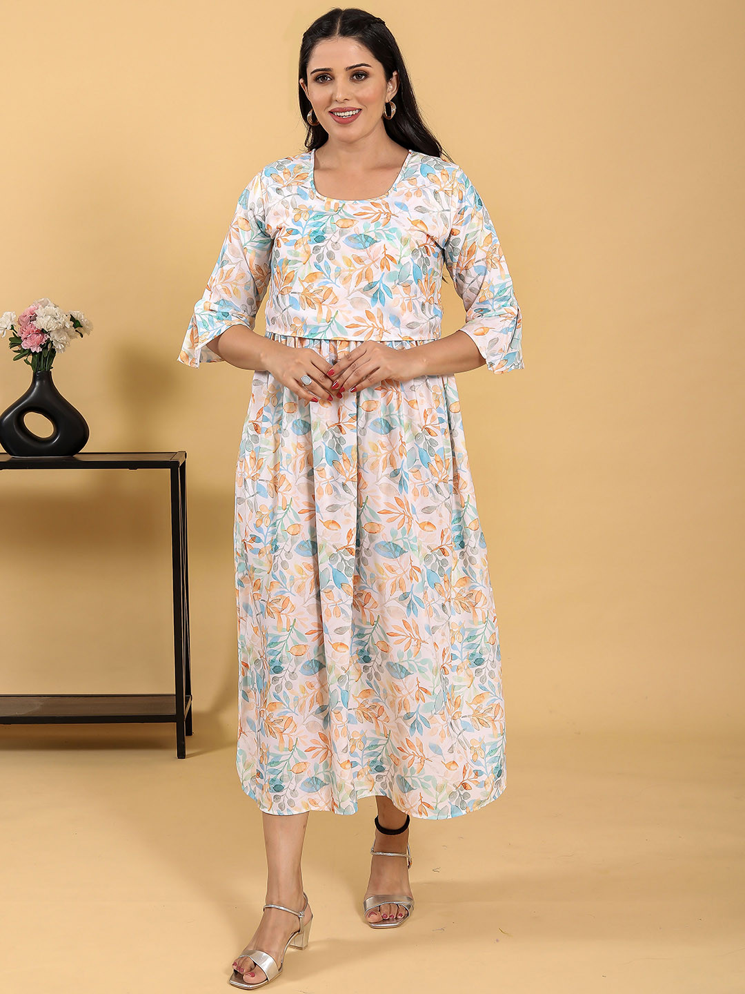 RITIJYA Floral Printed Round Neck Zipless Maternity Ethnic Dresses