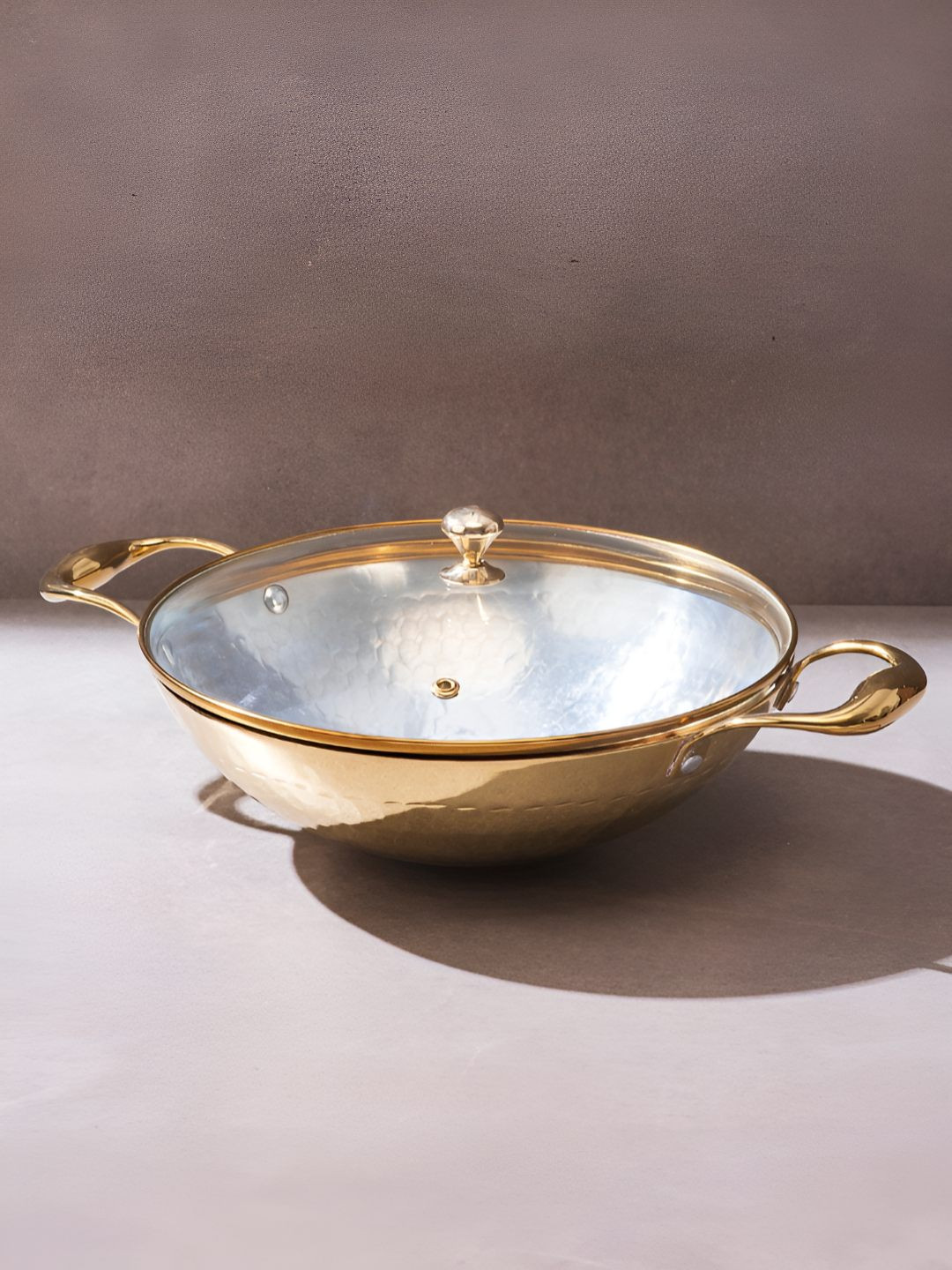 P-TAL Brass Flat Base Insulated Handles Tin Coated Kadhai with Lid- 3L