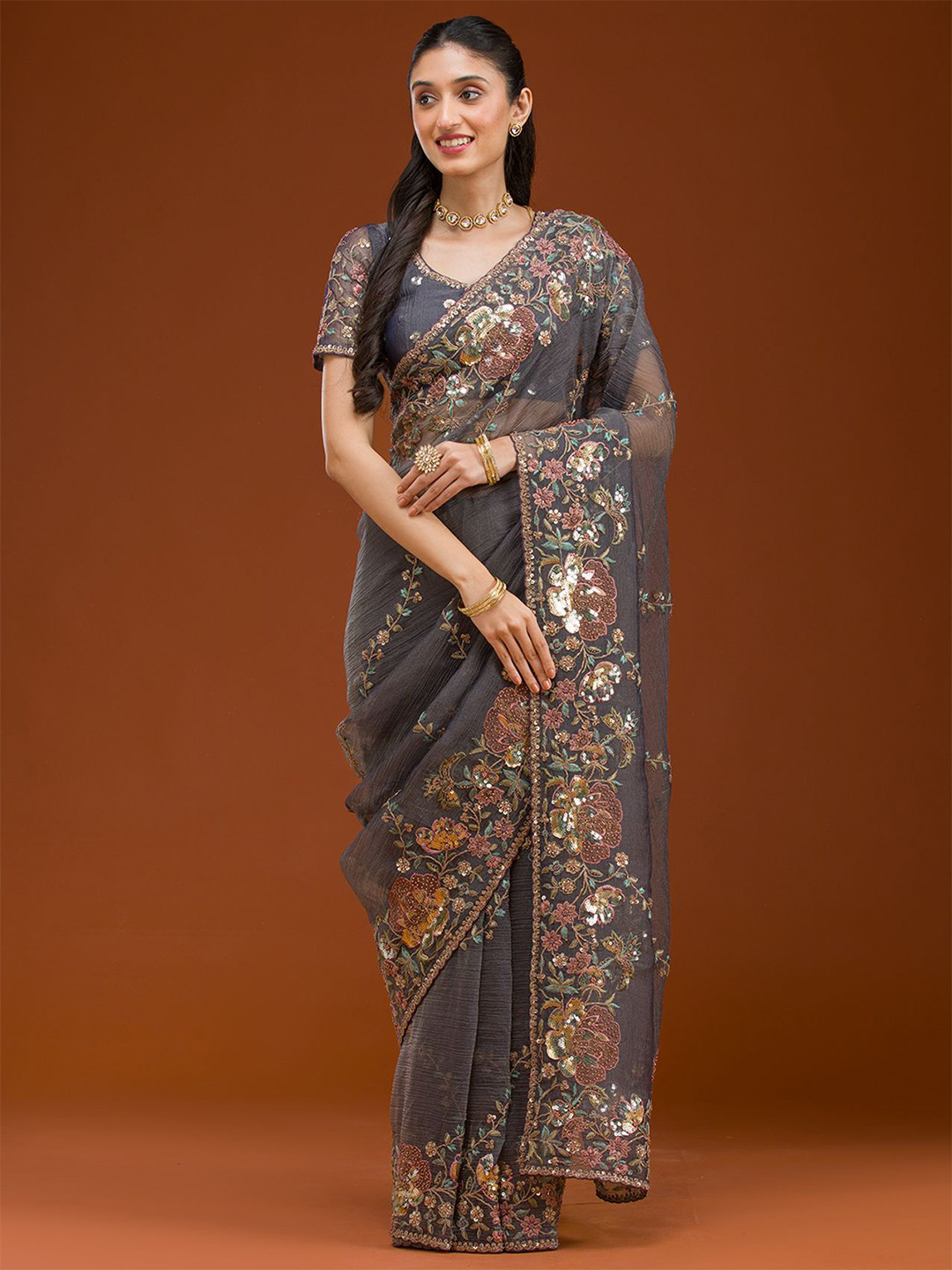Koskii Purple Sequins Tissue Saree